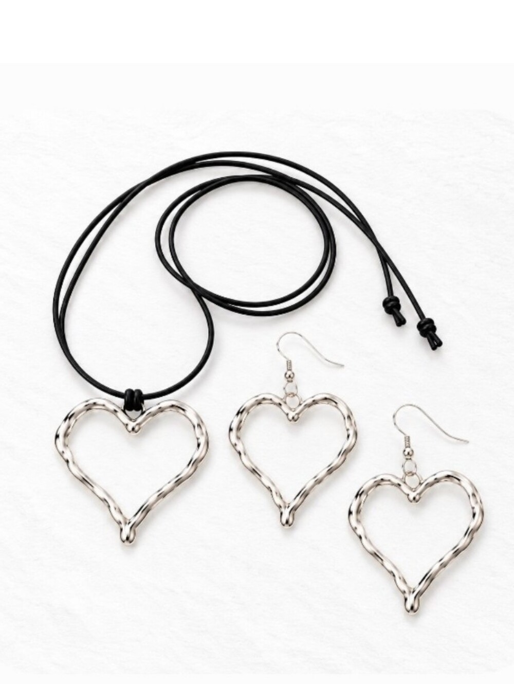 2 - $20 Silver Heart Pendant Necklace and Earrings Set - Black Cord